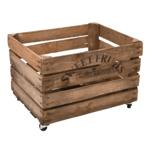 Wooden apple crate on wheels