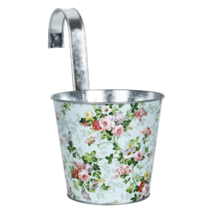 Rose print round zinc flower pot with hook